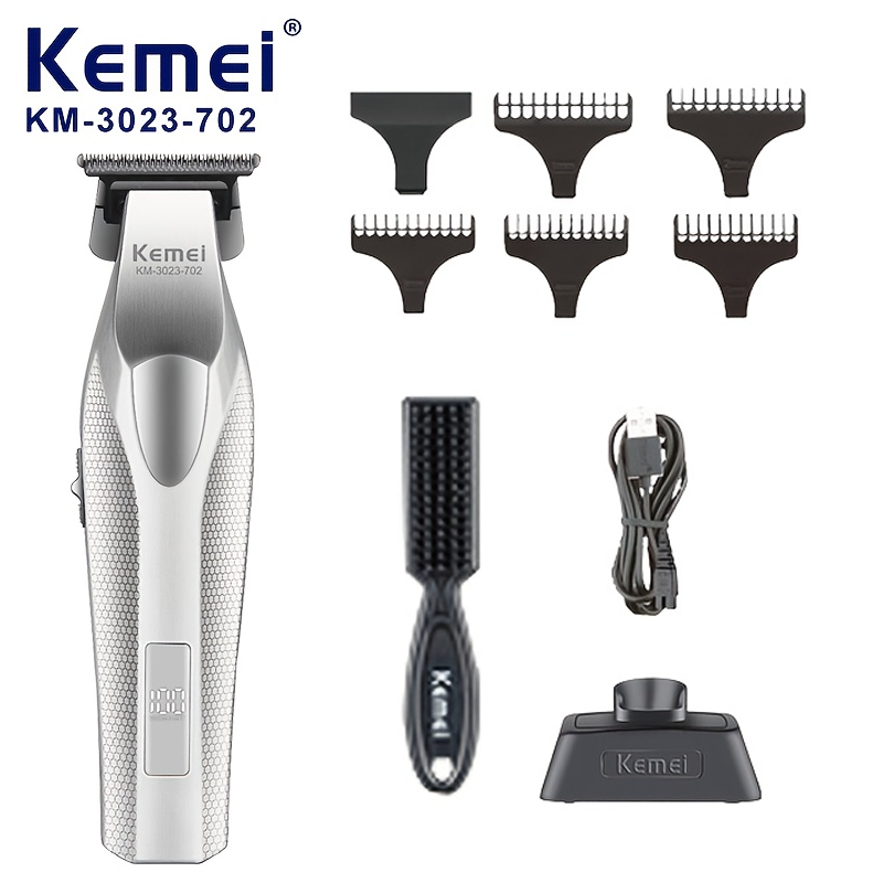 Kemei Km-3023-702, aparador de cabelo com lâmina revestida em DLC e corpo de metal, com dock de carregamento e