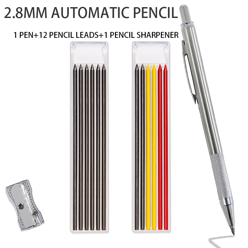 Conjunto de Lápis Mecânicos de 2,8mm com 12 Minas e Apontador, Porta Minas Resistente para Esboço, Desenho, Escrita,