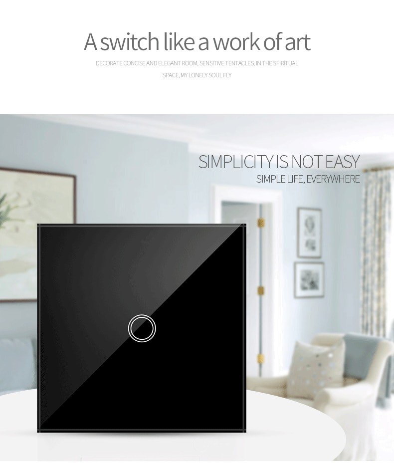 Interruptor de Luz LED Painel de Toque AXUS AC100-240V 1/2/3 Gangues Vidro Temperado Cristal Preto Branco — imagem 2 de 2