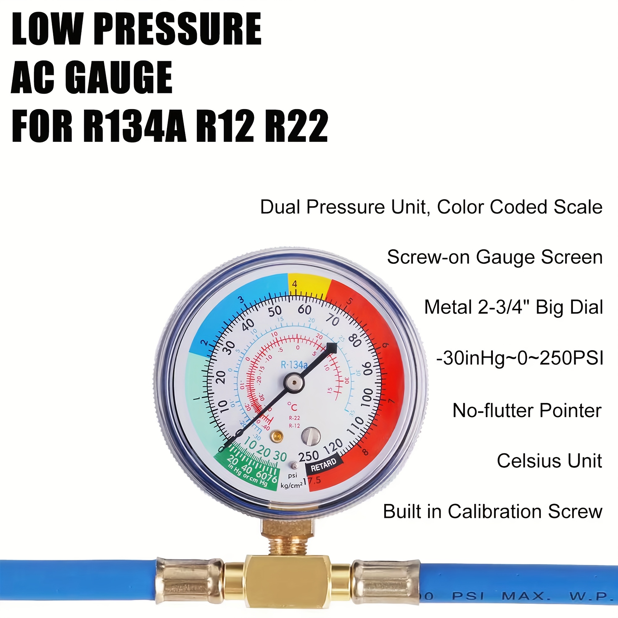 Kit Mangueira de Recarga de Gás de Ar-Condicionado para Carro R134a, Manômetro de Pressão com Mangueira Azul, Ideal para