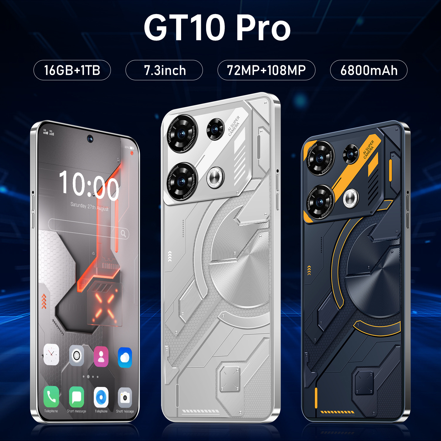 Smartphone Tudo-em-Um GT10 Pro 4G Android - Tela Grande de 6,6 polegadas INCell, 2GB de RAM + 16GB de ROM, Design