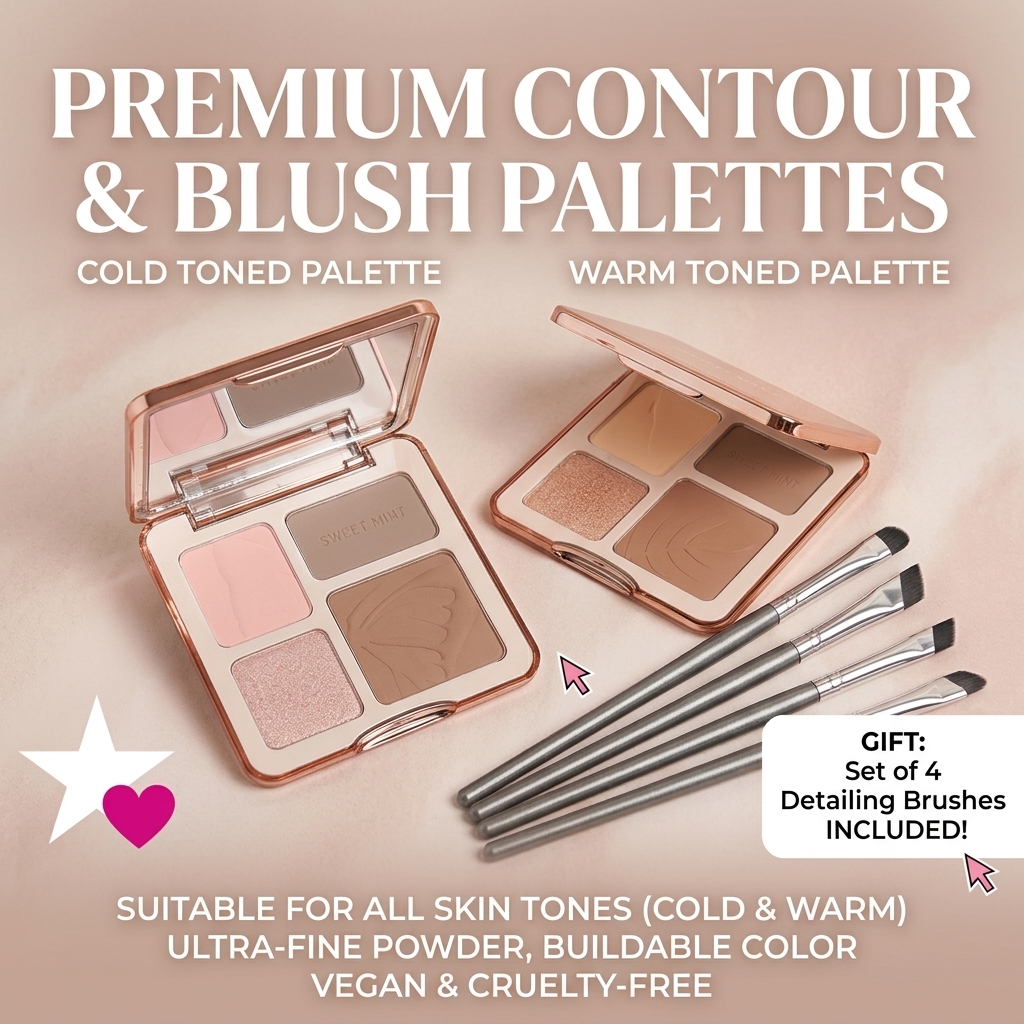 SweetMint Paleta de Contorno Facial em 4 Cores, Kit de Maquiagem em Pó com Bronzer e Iluminador + 4 Pincéis, Cosmético
