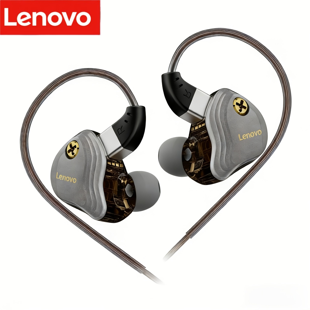 Fones de ouvido Lenovo com fio, som Hi-Fi, driver dinâmico de 10 mm, isolamento de ruído, com microfone e conector de
