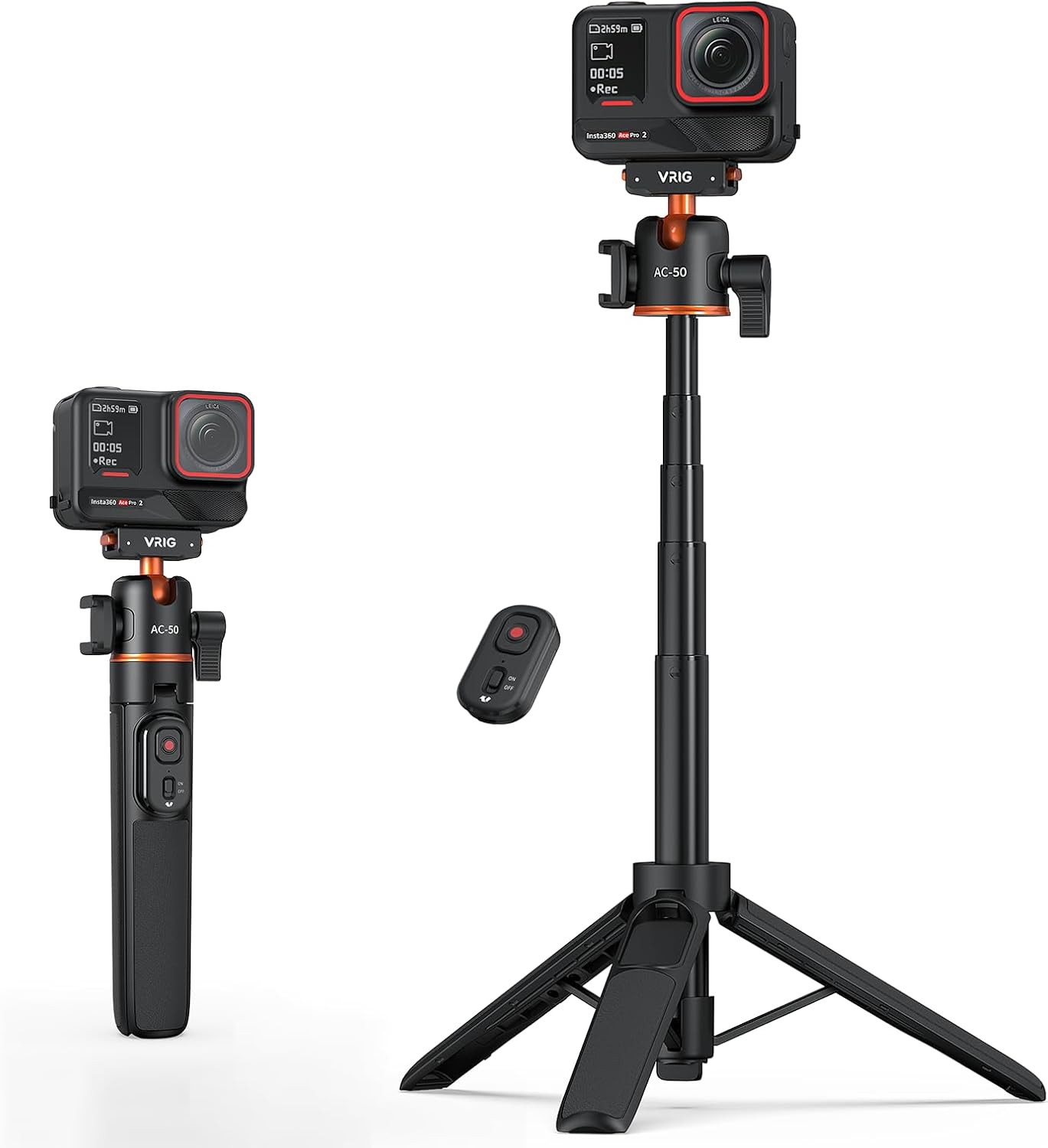 VRIG AC-50 Bastão de selfie Tripé para Insta360 Ace Pro/Ace Pro2/X5, liberação rápida magnética, cabeça esférica 360°,