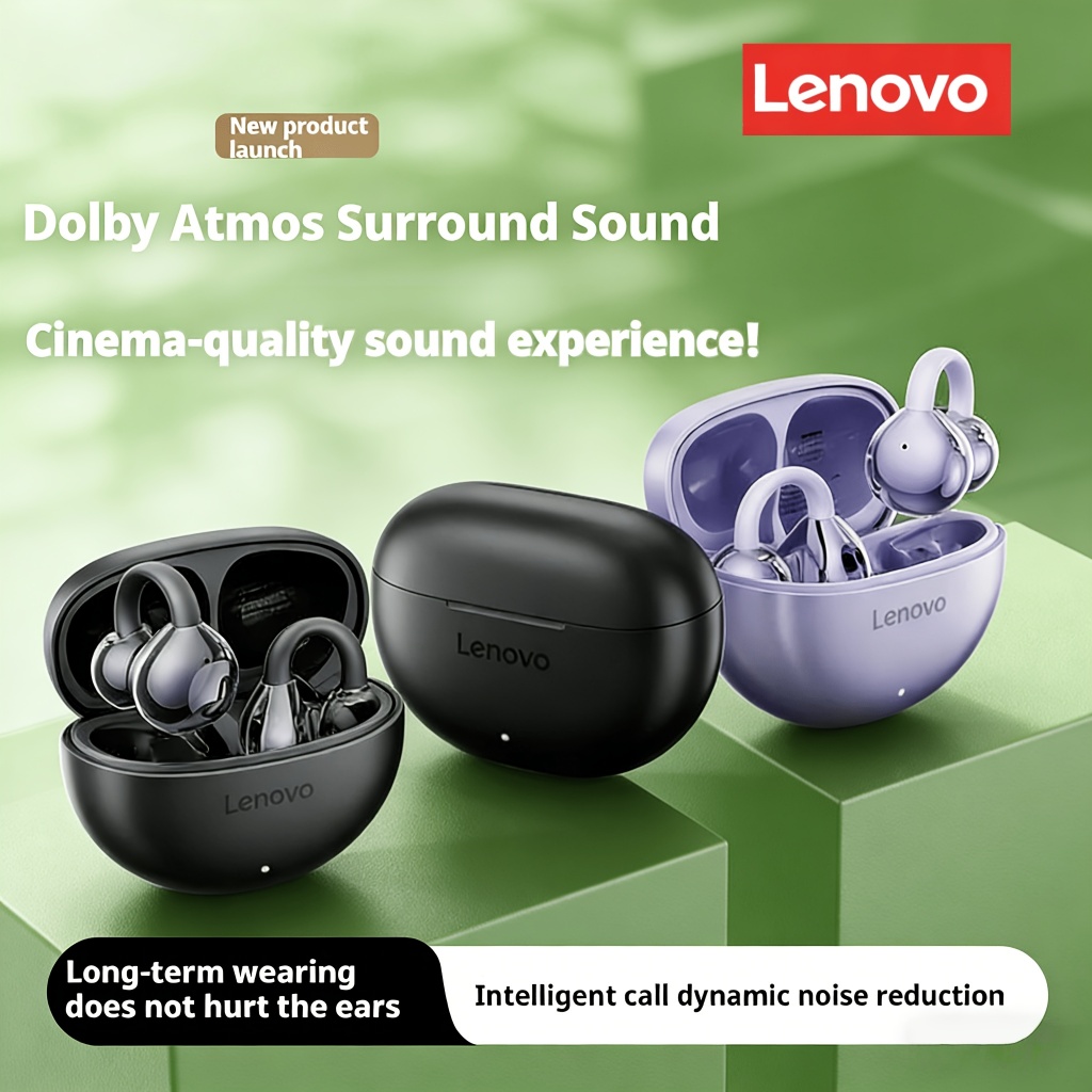 Fones de Ouvido Esportivos Lenovo Sem Fio, Gancho de Orelha Aberto, Bluetooth 5.4, Chip Duplo, Som Dolby Atmos, Redução