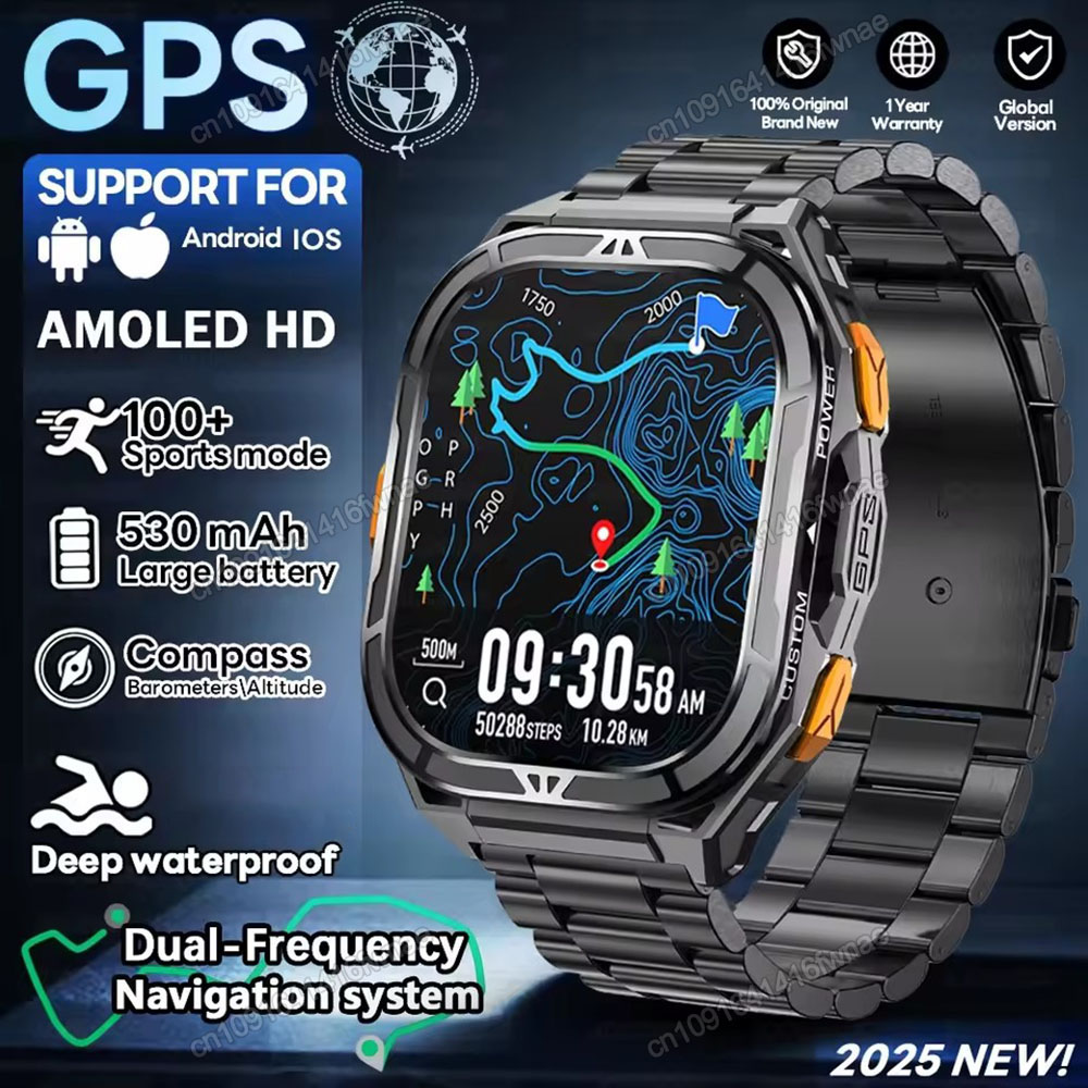  Relógio Inteligente Masculino Amoled 5ATM GPS à Prova D’Água 2025 com Bússola Militar, GNSS Dupla Banda Integrada,