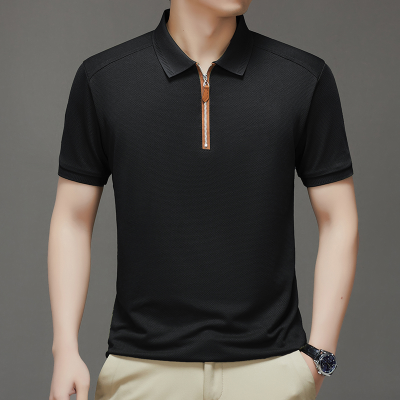 Estilo maduro camisa polo meio zíper masculina, verão fina seda gelada respirável casual de negócios