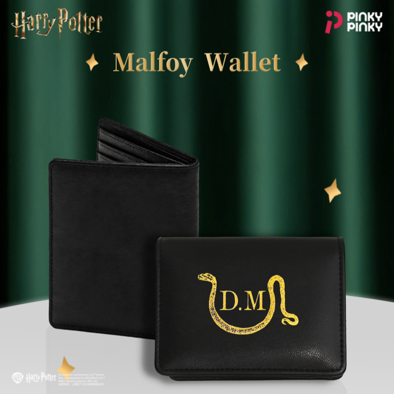 Carteira Harry Potter autorizada, Porta-cartões Malfoy, Moedeiro de couro preto estilo Sonserina para o dia a dia,