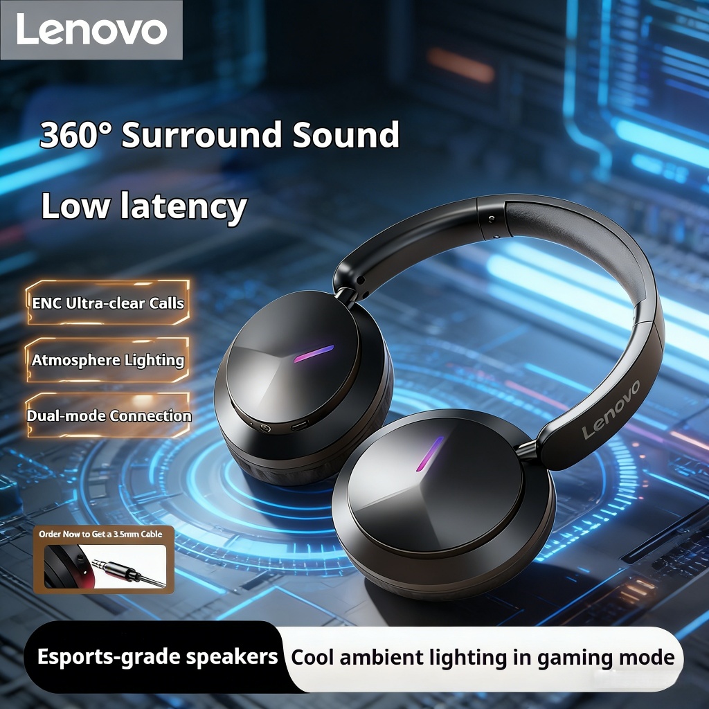 Fone de Ouvido Gamer Lenovo 8.0 Som Surround, Baixa Latência, Alto-falantes 40mm, Bluetooth 5.4, Headset com Microfone