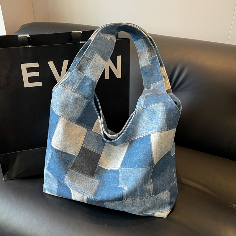 Bolsa de ombro de lona azul jeans xadrez para mulheres, bolsa tote estilo vintage, bolsa escolar para estudantes, bolsa