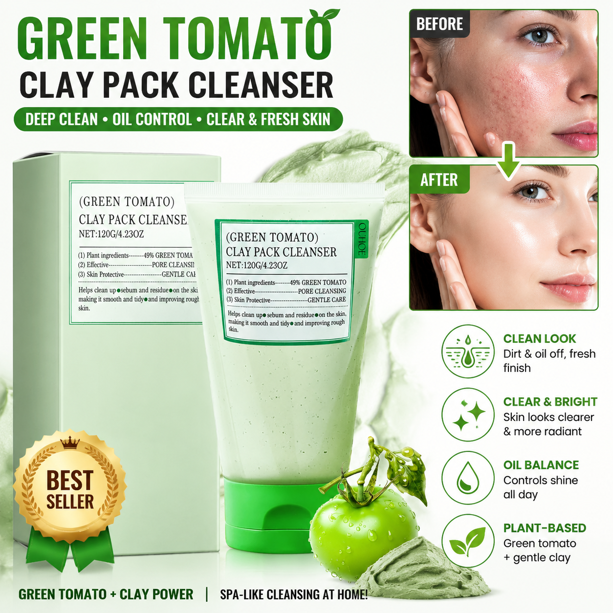 Máscara de Argila Verde 120 g – limpeza profunda dos poros, detox, controle de cravos | Combate à acne, equilibra