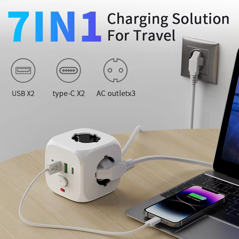 Extensor de Tomada de Parede com Plugue UE 7 em 1 AXUS, com 3 Tomadas AC, 2 Portas USB e 2 USB-C, Interruptor