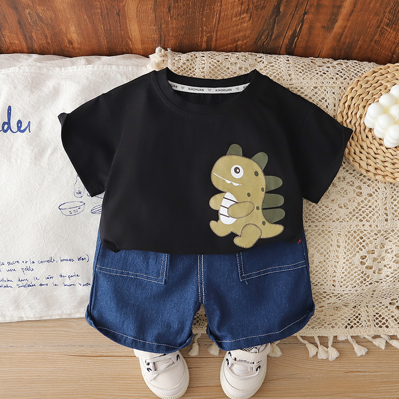 Camiseta De Manga Curta Para Meninos Com Estampa De Dinossauro E Shorts Jeans , Conjunto De 2 Peças , Roupa Infantil De 