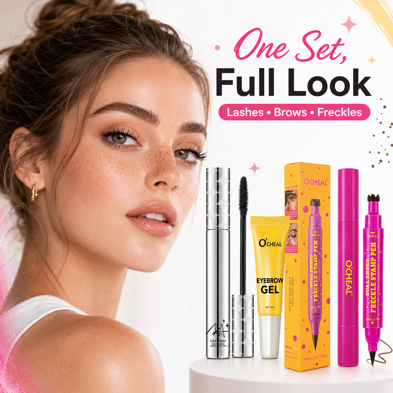 Caneta Carimbo Dupla de Sardas e Delineador + Gel para Sobrancelhas + Máscara 3 em 1 Conjunto de Maquiagem para Olhos de