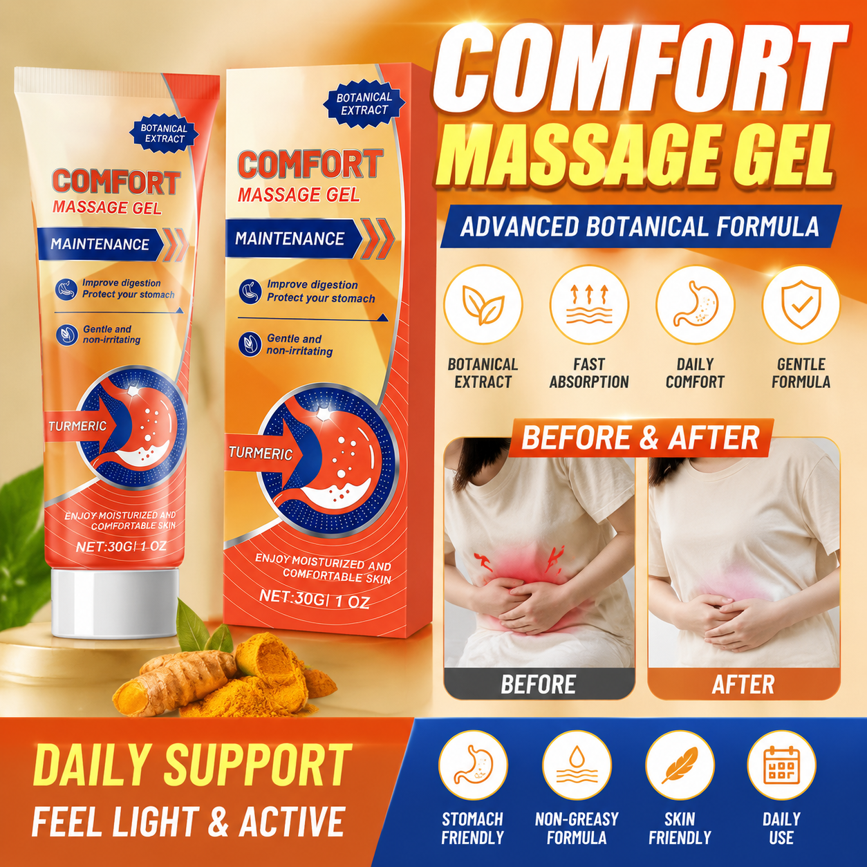 Gel Conforto Muscular Cúrcuma Profissional 30g | Fórmula de Massagem Natural para Flexibilidade Articular | Extrato