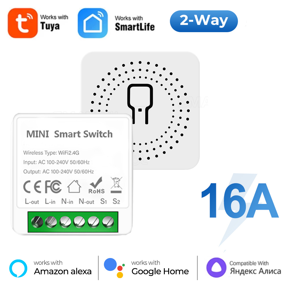 Interruptor WiFi Tuya Mini 16A 2 Vias, Temporizador, Relé DIY, Controle Remoto e por Voz, Automação Inteligente para