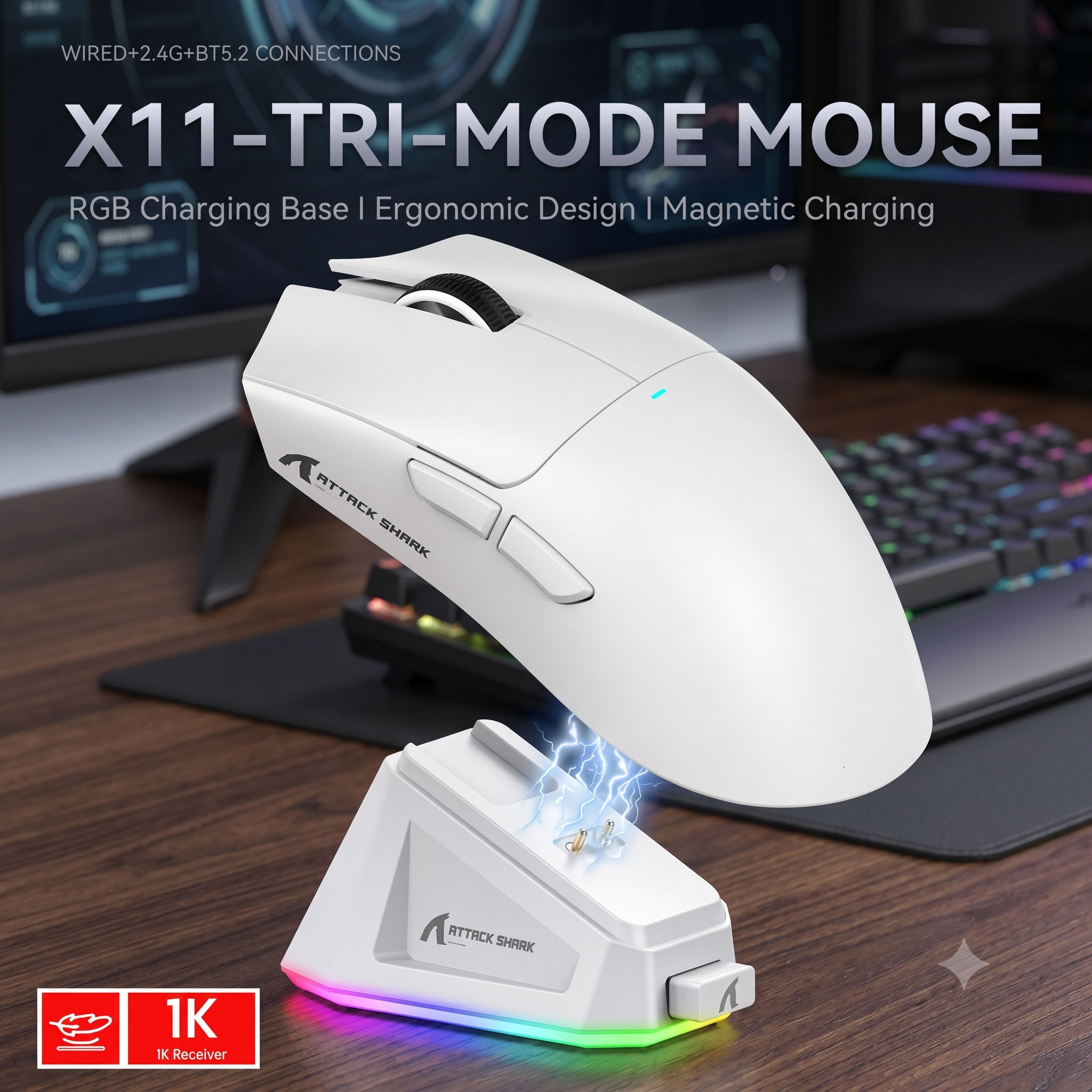 Mouse Gamer Sem Fio Attack Shark X11, 22000 DPI, Sensor PAW3311, 59g, Ultraleve, RGB, Dock Magnético, Carregamento