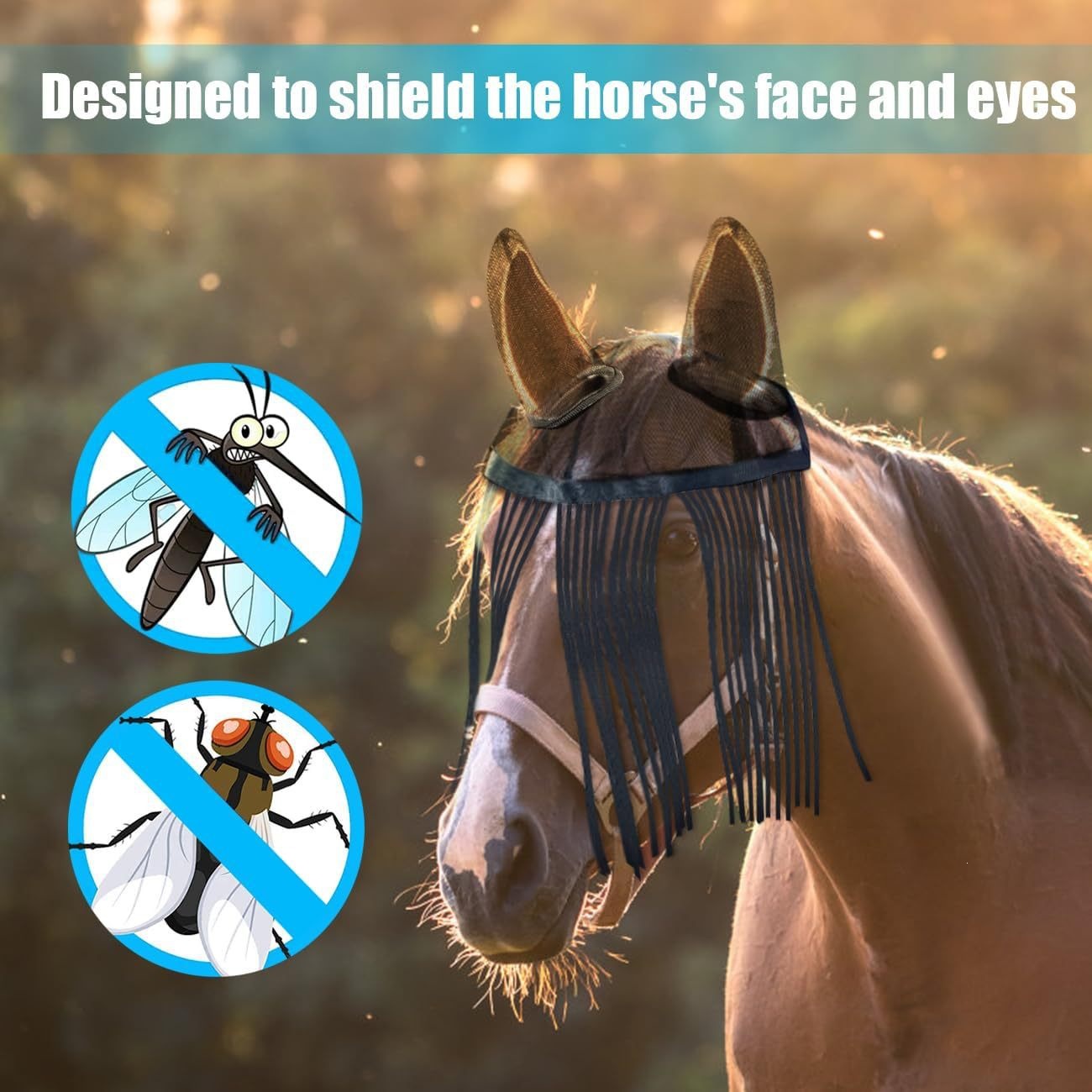 Máscara de proteção facial para cavalos, malha respirável, proteção solar e anti-moscas