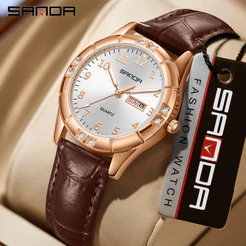 Sanda 9096 Relógio Feminino De Quartzo Mínimo Diamante 50M À Prova D'água Calendário Duplo Pulseira De Couro Elegante