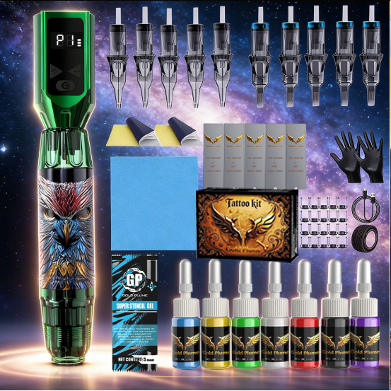 Kit Completo De Máquina De Tatuagem GOLDPLUME : Pistola Sem Fio Com Display Digital E Bateria De 1100mAh 10 Agulhas , Pe