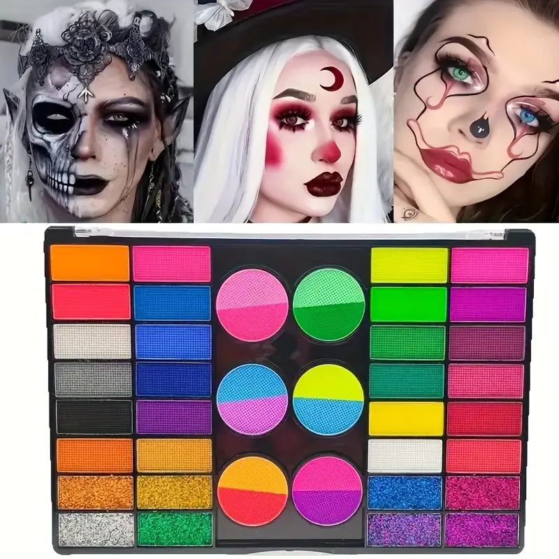 44 cores de tinta facial fluorescente UV à base de água com pincéis e gel de glitter