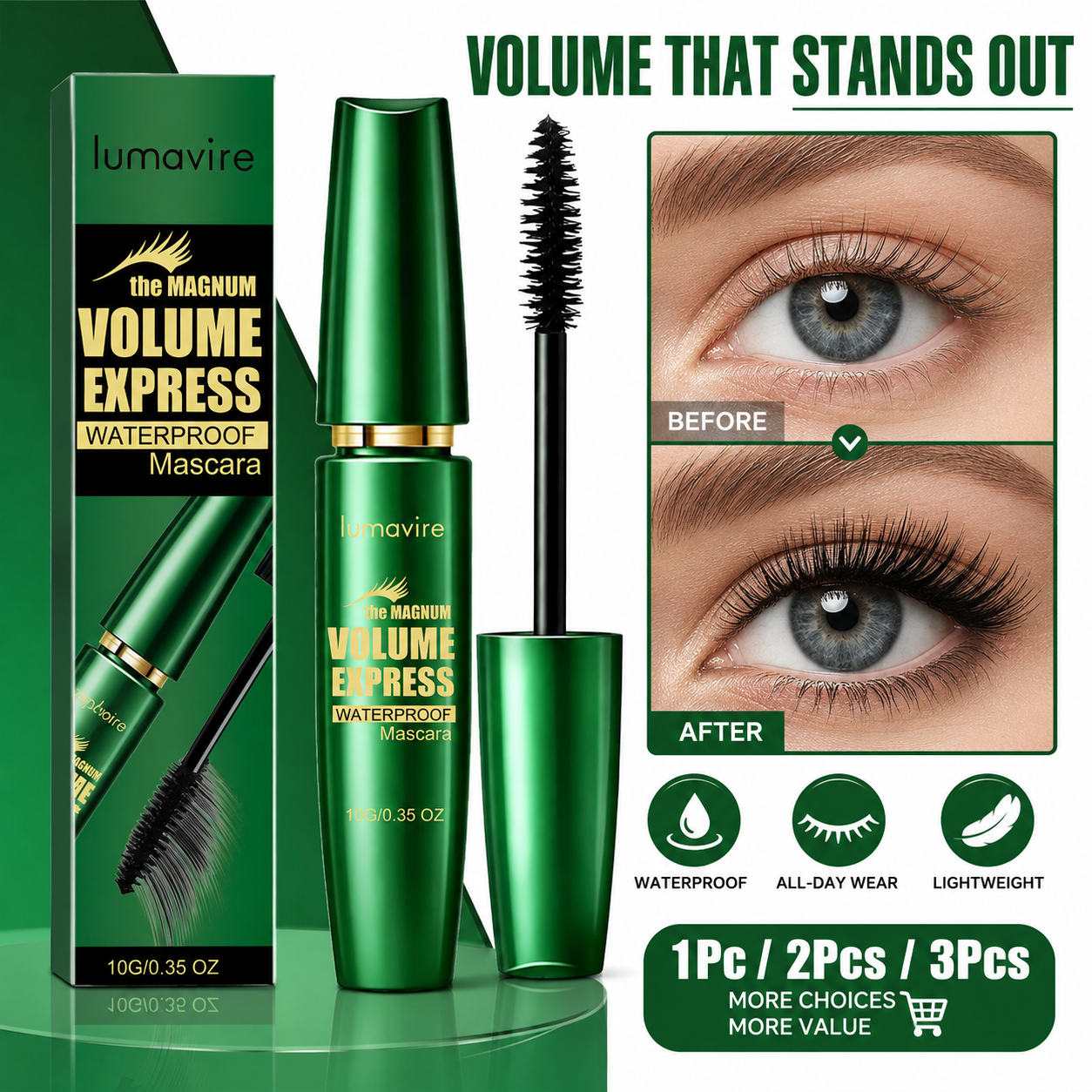 Máscara de Volume Verde Avançada de Secagem Rápida 10g – Óleo Mineral & Cera de Abelha para Cílios Longos à Prova de