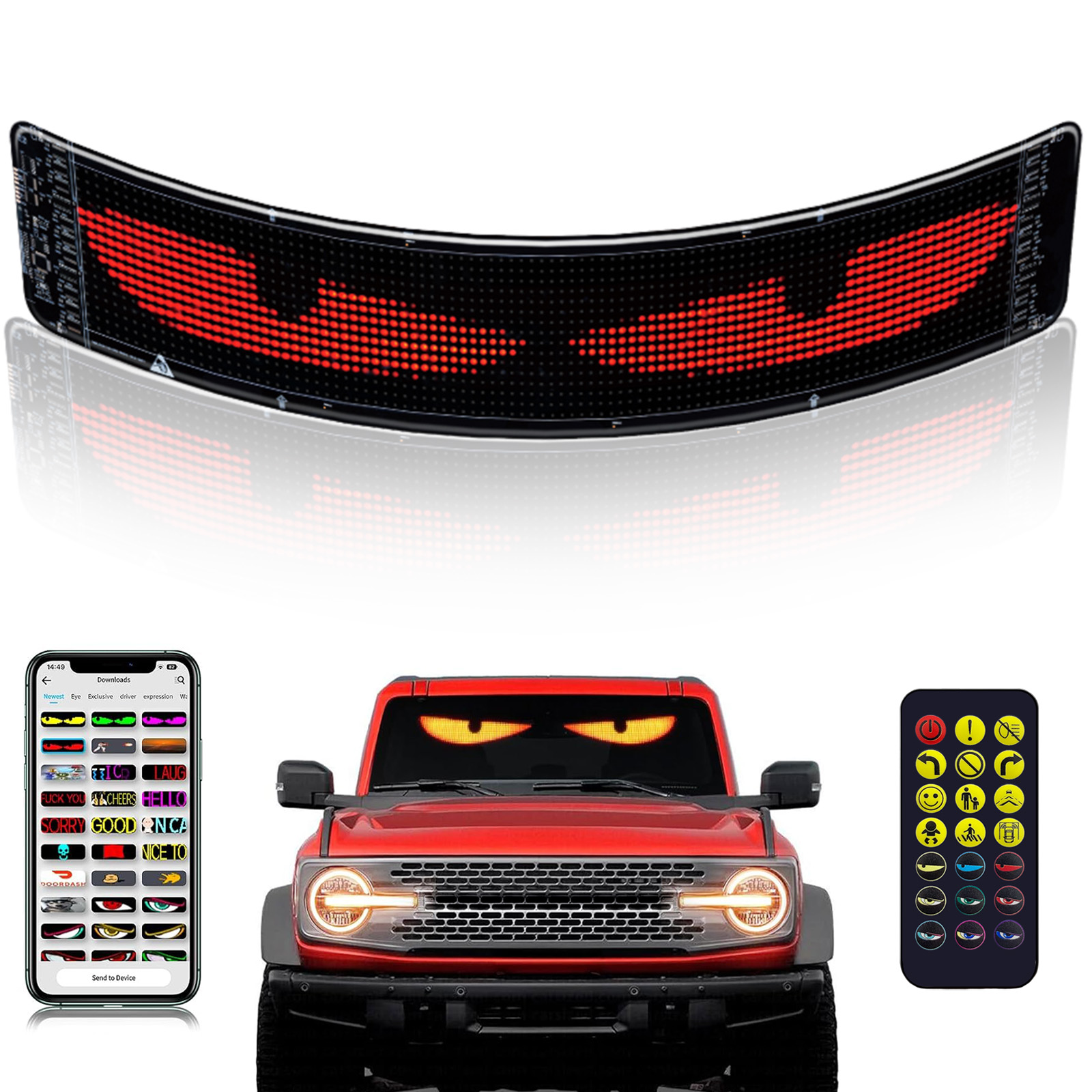 Display De Rolagem Flexível Do Controle Aplicativo Da Luz Pára-Brisa Carro LED Olho Diabo Programável