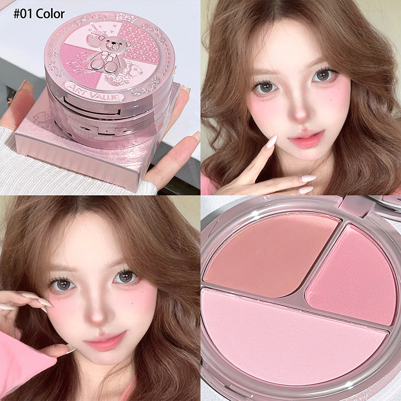 Paleta de Blush em três cores Cavaleiro do Urso, maquiagem multifuncional para contorno, iluminador e blush fosco