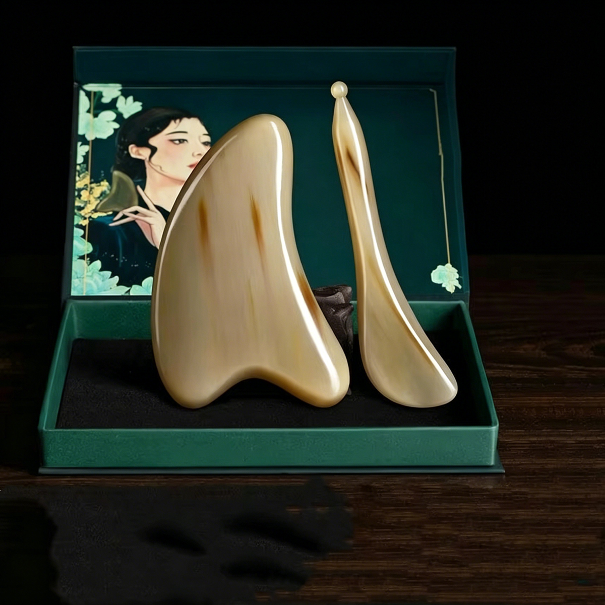 Conjunto de Placa Gua Sha em Chifre de Búfalo Sintético e Caneta de Pontos de Acupuntura – Ferramenta de Massagem Facial