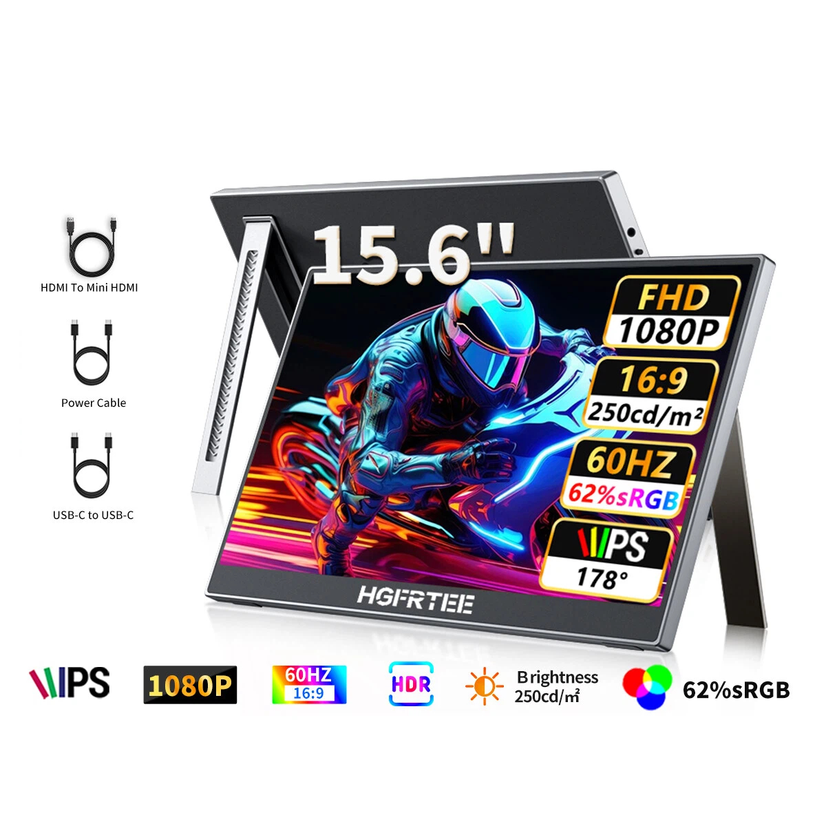 Monitor portátil HGFRTEE de 15,6 polegadas, Full HD 1080p, fino e leve, tela externa para notebook, PC, Mac, telefone,
