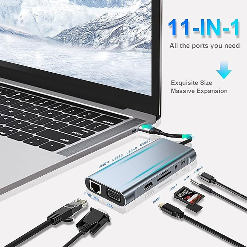 Adaptador 11 em 1 com HDMI 4K, VGA, PD, USB 3.0, RJ45 Ethernet, leitor de cartões TF, SD e HUB USB Tipo C, saída de