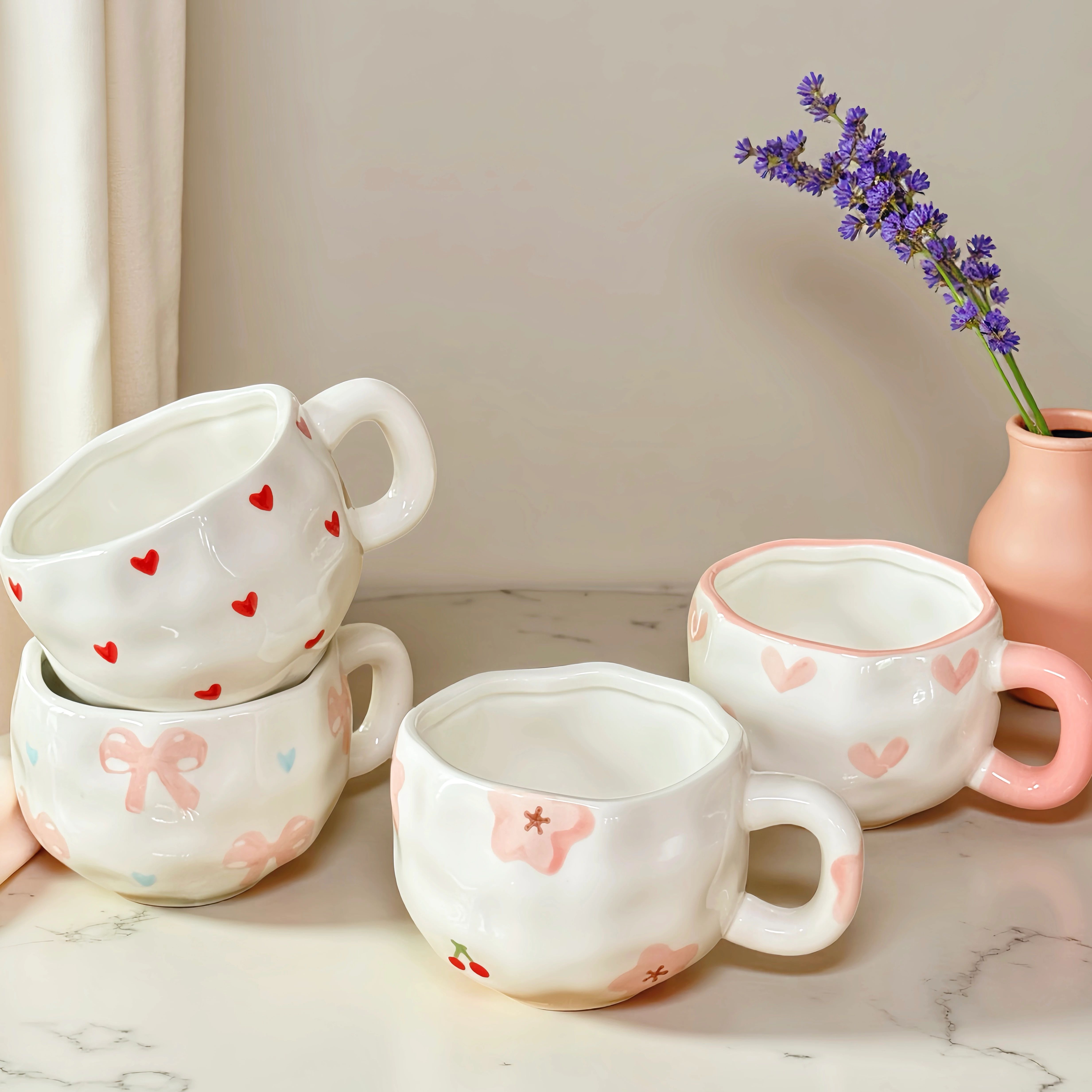 Conjunto De Caneca E Pires De Cerâmica Com Arco Pintado À Mão , Xícara De Chá De Café Fofa Para Escritório Doméstico — imagem 1