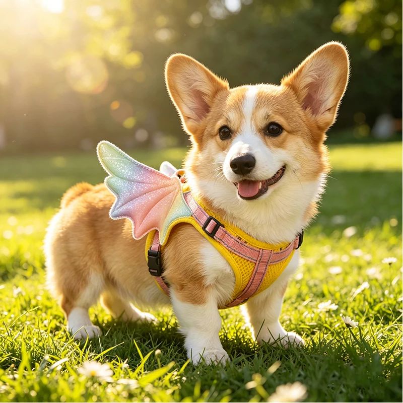 Arnês Estilo Colete De Malha Respirável Com Asa De Demônio Gradiente Brilhante Para Cães Pequenos A Médios Como Corgis E