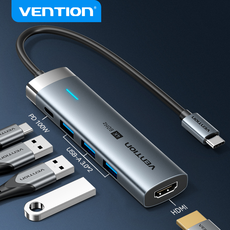 Hub USB Vention 8 em 1, Conversor VGA para Type-C, Adaptador HDMI 4K, Leitor de Cartões TF, Gigabit RJ45 Ethernet para