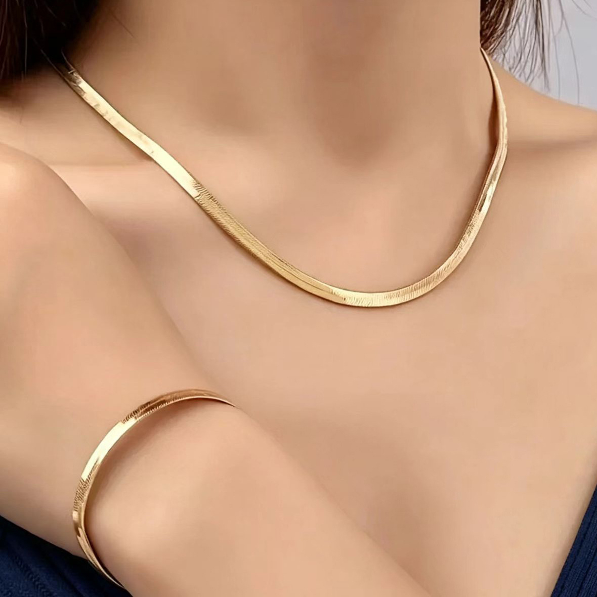Conjunto de joias feminino 2 peças: colar de corrente serpentina dourada ou prateada + pulseira de corrente serpentina
