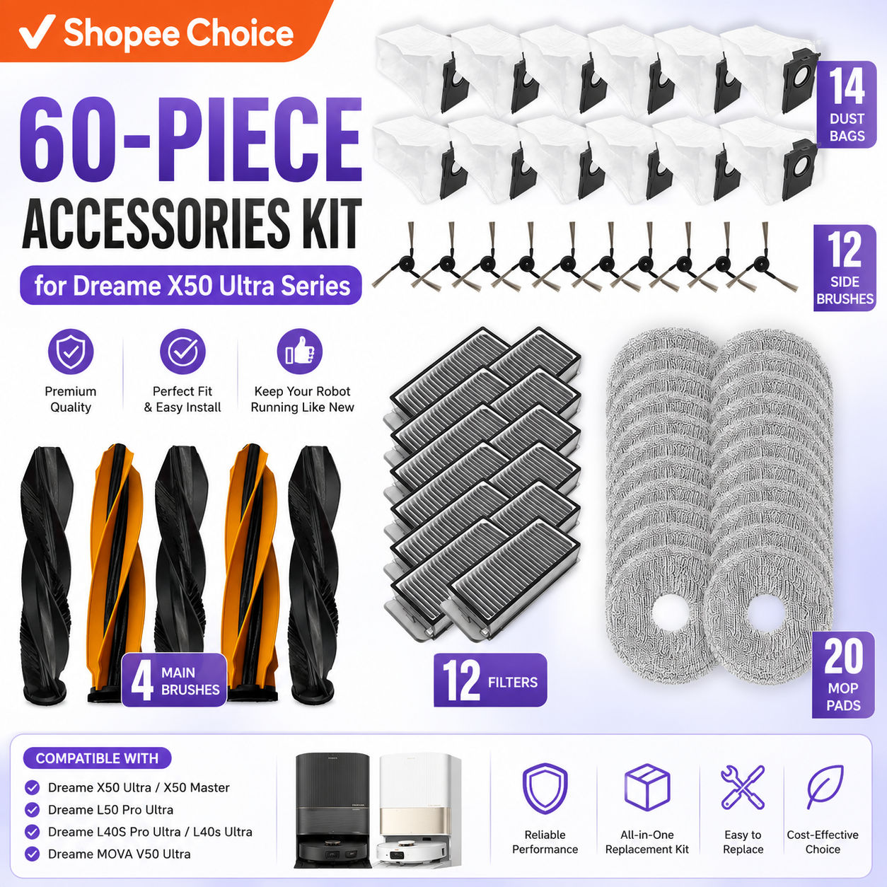 Acessórios De Substituição Para Dreame X50 Ultra Master L50 Pro L40S Escova Principal Filtro Mop Almofada Kit Mais Limpo