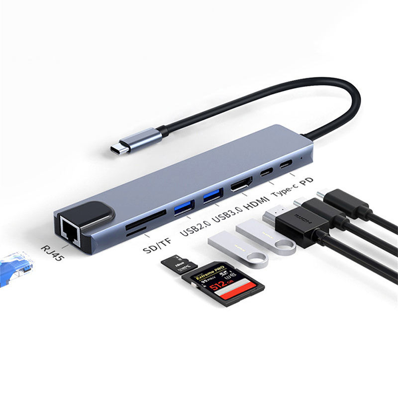 Tipo-C Laptop Multiporta 8 Em 1Hub HDMI USB 3.0 SD TF Leitor De Cartão De Dados , Adaptador