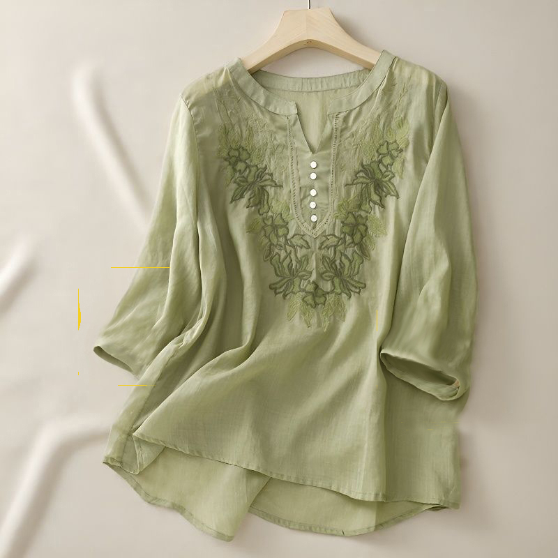 Blusa Boêmia De Algodão E Linho Verde Retrô Bordada Branca Tops Camisas Para Mulheres Plus Size