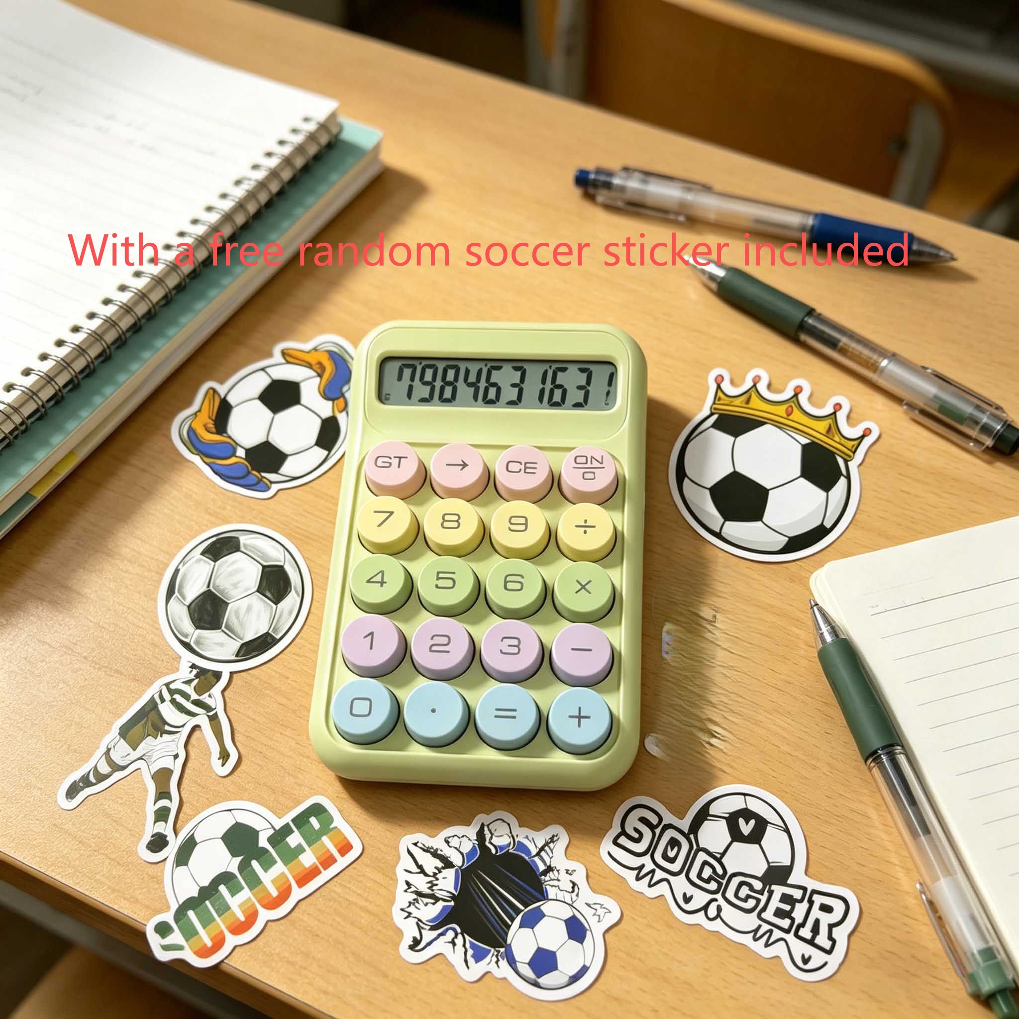 Calculadora Eletrônica Mini Fofa em Cores Macaron, Tamanho de Bolso com Teclas Redondas e Adesivo de Futebol Grátis
