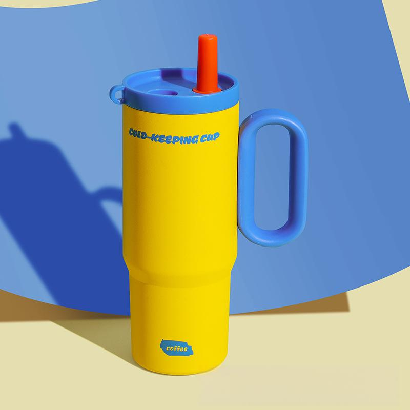 Copo Isolado Em Aço Inoxidável 720ml 24oz – Canudo Com Alça Interior Cerâmica Retenção Quente E Fria Somente Preto