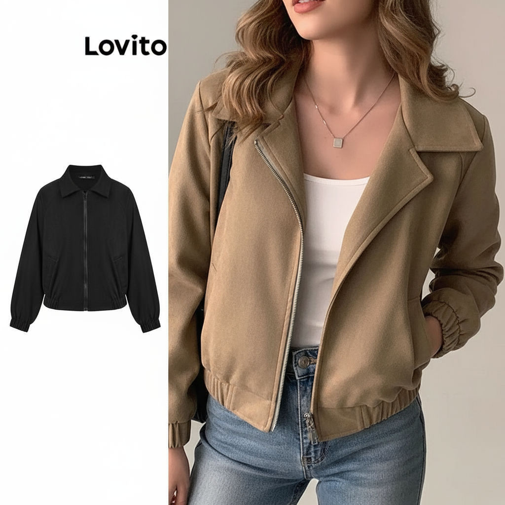 (Lovito x KOL) Casual Jaqueta Feminina Lisa com Zíper LNE30129 (Marrom)