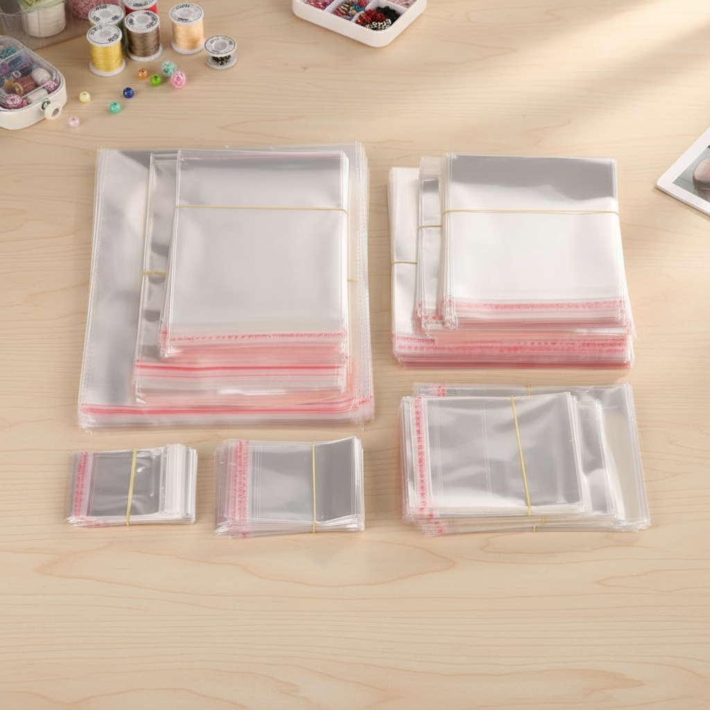 100 Sacos Plásticos Transparentes Auto-Selantes OPP em 9 Tamanhos para Joias, Festa de Casamento, Miçangas, Sachê,
