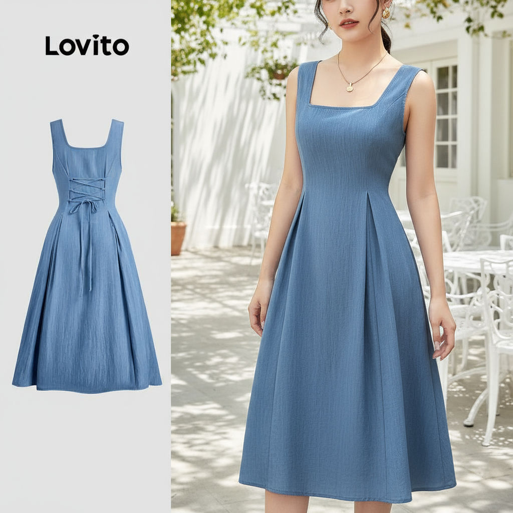 (Fashion-3) Saia colete evasê com cadarço nas costas azul-DRB149P1D1111 em Oferta na Shopee