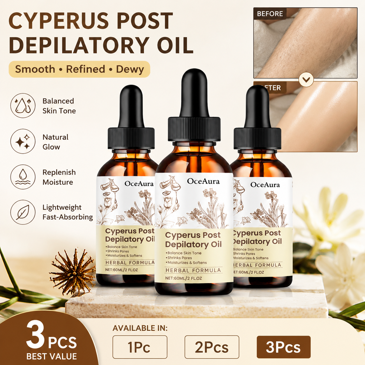 Óleo de Cuidado Pós-Depilação 60 ml – Óleo Mineral, Óleo de Semente de Jojoba & Óleo de Folha de Alecrim – Hidratação de