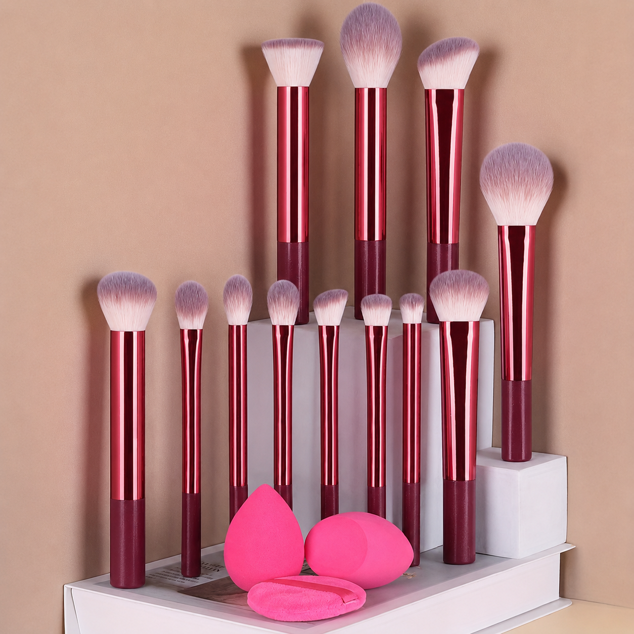 Conjunto De Pincéis De Maquiagem Profissional Com Pó Blush Iluminador Sombra Delineador Pincel E Esponjas 15 Peças