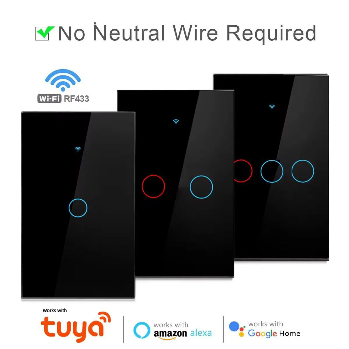Interruptor De Toque Wifi Inteligente , Sem Necessidade De Neutro , 1-3 Gangues Para Google Home