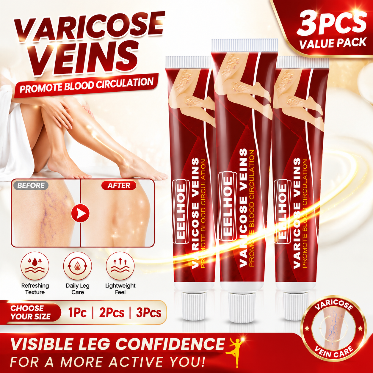 Creme Varizes Eelhoe 20 g – Cuidado para Pernas Cansadas, Suporte para Veias Aranha, Vasculite e Flebitis | Massagem