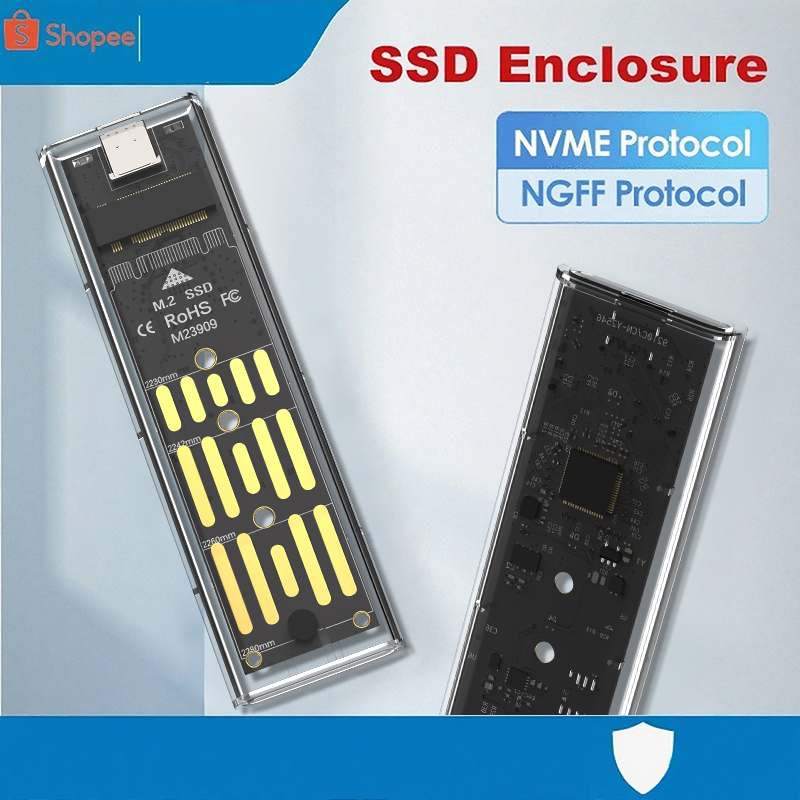  Gabinete NGFF NVMe de Dupla Protocolo para SSD M.2, Estojo Transparente