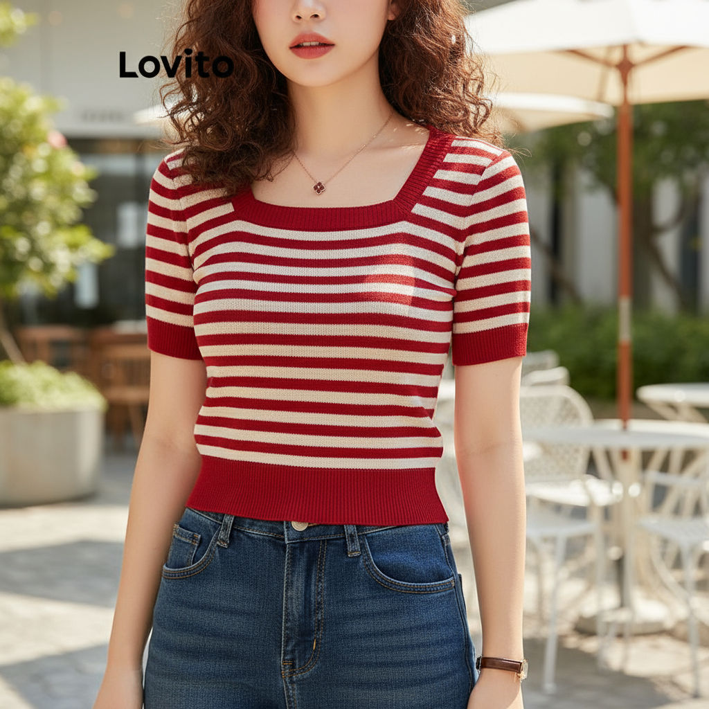 Lovito Blusa Listrada de Tricô Casual para Mulheres LNA20138 (Vermelho/Preto) em Oferta na Shopee