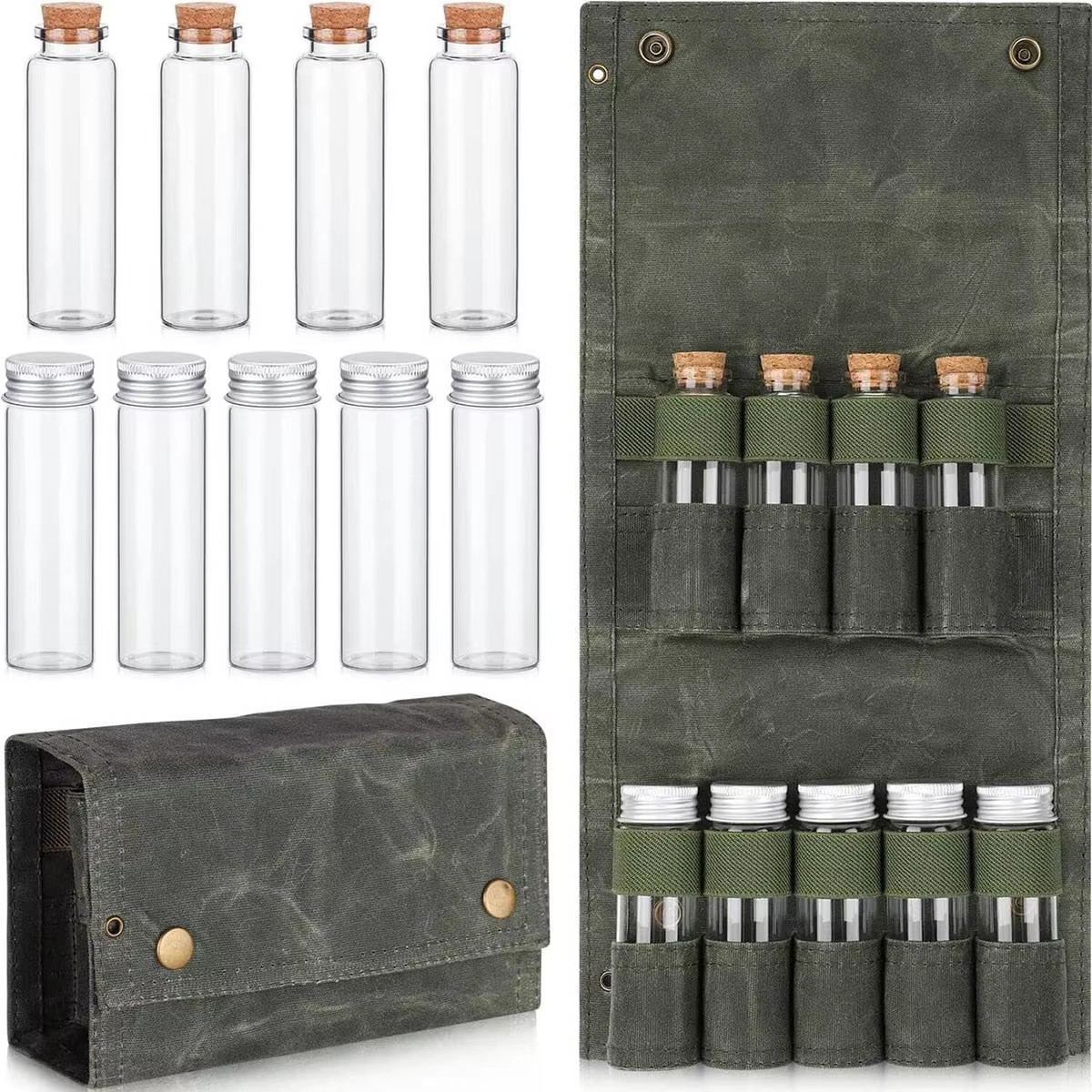YangChen Canvas Bolsa de Temperos com 9 Frascos – Conjunto de Recipiente para Condimentos e Organizador de Armazenamento